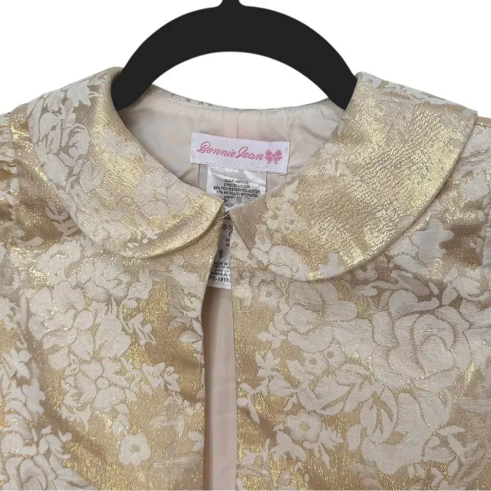 Bonnie Jean Girls Long Sleeve Formal Gold Shimmer Floral Jacquard Dress Coat. 6.